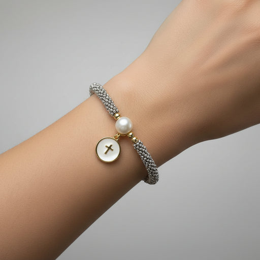 Pulsera Pewter Circulo Cruz Blanca