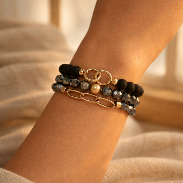 Set 3 Pulseras Cristal Negro