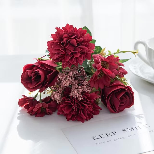 Ramo Flores artificiales Rosas Rojas Hydrangeas