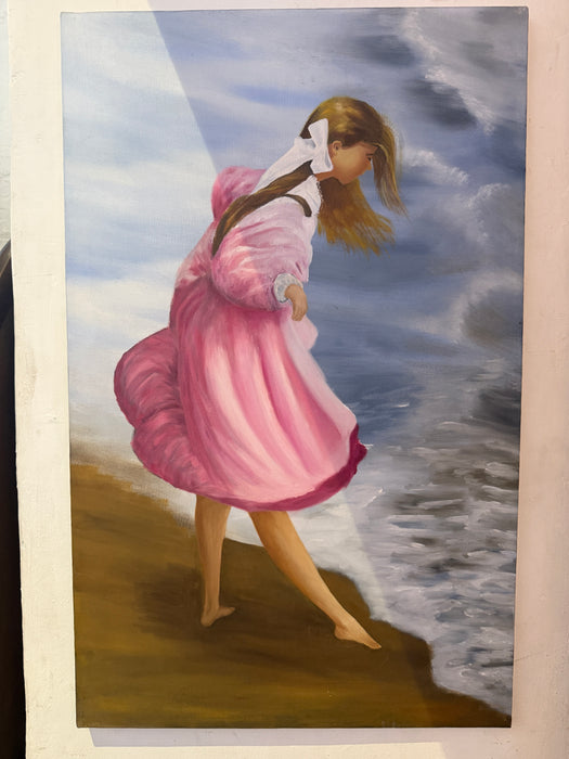 Pintura al óleo niña en playa