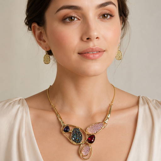 Set Collar y Aretes Geoda Morada