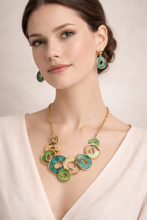 Set Collar y Aretes Geometricos Esmeralda
